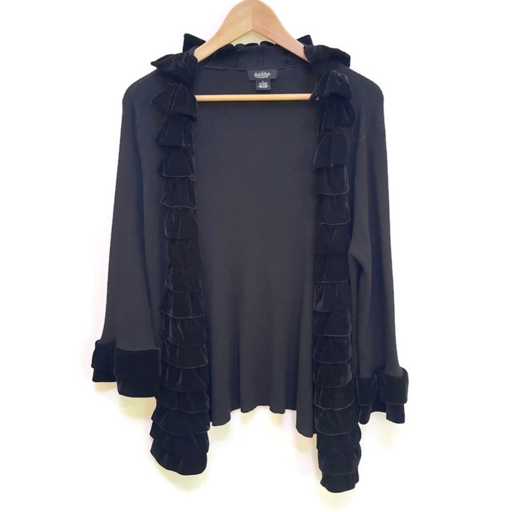 Peck & Peck Black Ribbed Cardigan with Velvet Ruffles, Women's Size L
